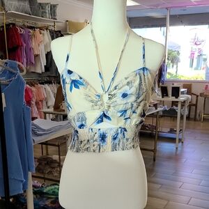 Aakaa Blue and White Floral Smocked Halter Crop Top